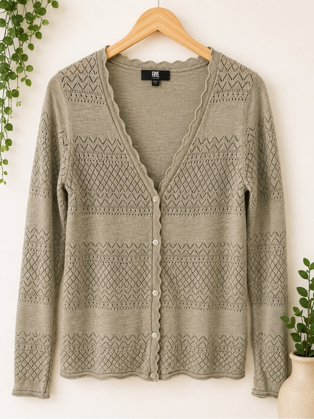 Frye Women's Pointelle Cardigan Sweater Seagrass Green 100% Cotton